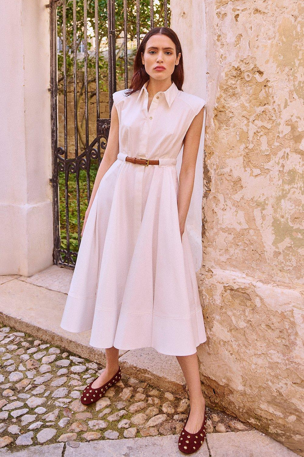 Tailored Cotton Belted Collared Full Midi Dress | Karen Millen UK + IE + DE + NL