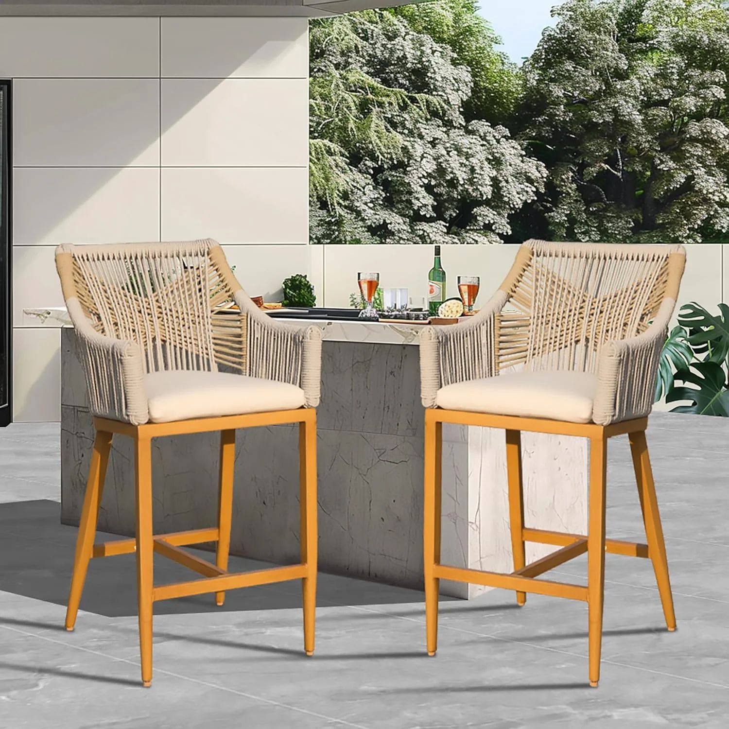 Domi Bar Stools Set of 2, Outdoor Counter Height Bar Chairs with Arm and Backrest, Aluminum Tall ... | Walmart (US)