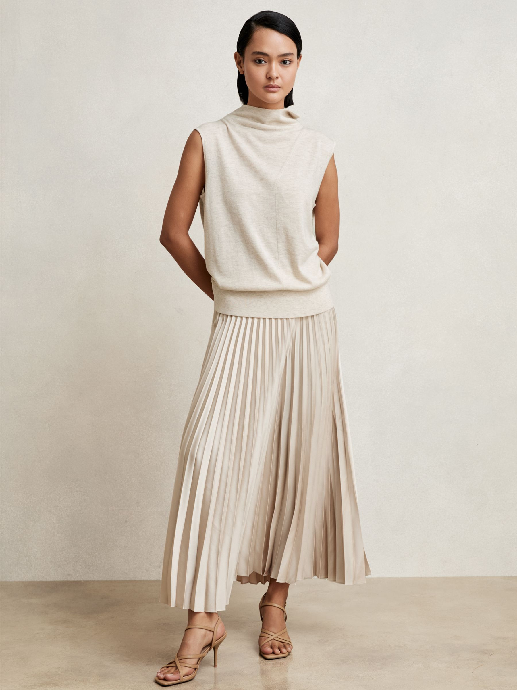 Pleated Midi Skirt in Champagne Neutral | Reiss US