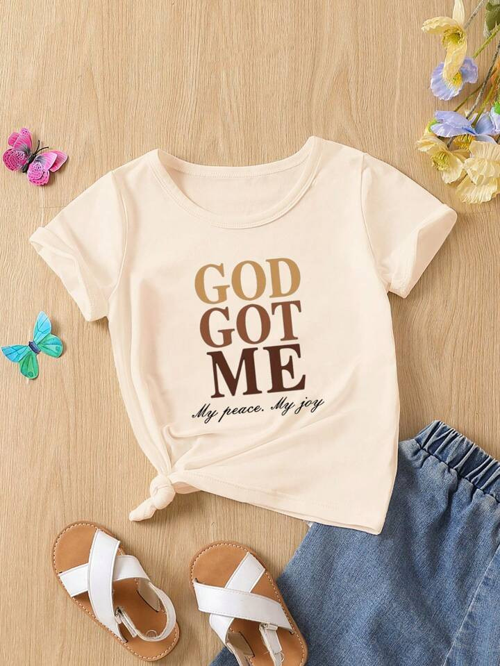 SHEIN Toddler Girls/ Young Girls' Apricot Letter Print Round Neck Short Sleeves T-Shirt Casual Da... | SHEIN