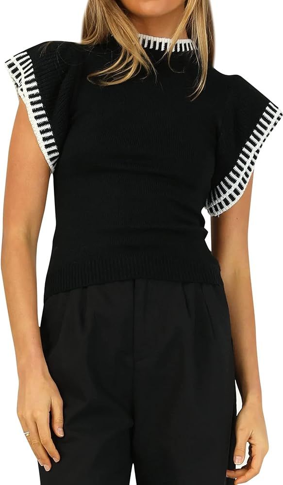 Meladyan Women Ruffle Sleeve Knit Sweater Top Stripe Round Neck Slim Fitted Ribbed Hem Elegant Knitt | Amazon (US)