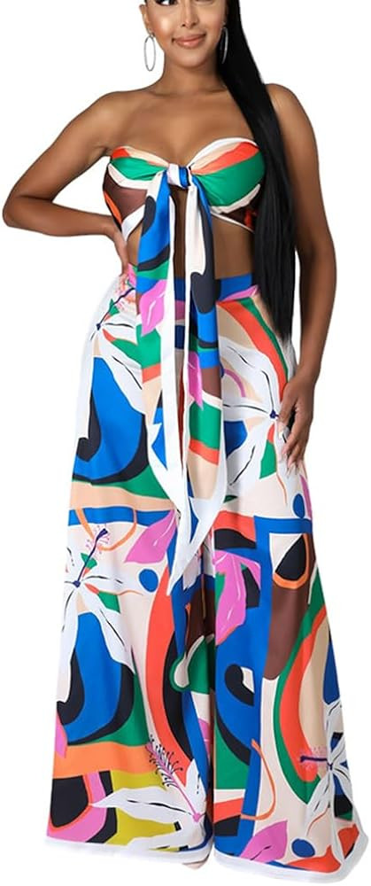2 Piece Outfits for Women Summer Sleeveless Crop Tops Wide Leg Slit Pants Set Boho Floral Print V... | Amazon (US)