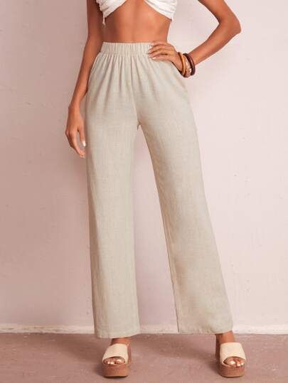 SHEIN Elastic Waist Solid Wide Leg Pants | SHEIN