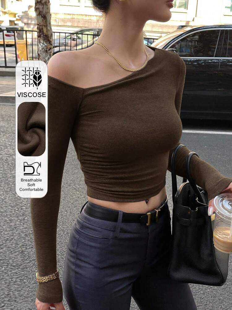 DAZY Women Solid Color Asymmetric Off-Shoulder T-Shirt Fall Tops Long Sleeve Top | SHEIN