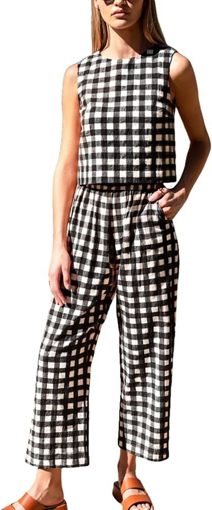 Gozoloma Women's Gingham 2 Piece Set Tank Top and Loose Fit Pants with Pockets Casual Summer Matc... | Amazon (US)