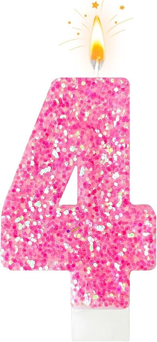Pink Glitter Number 4 Birthday Candle \u2013 Sparkly Cake Topper for Girls, Shiny Pink Birthday D... | Amazon (US)