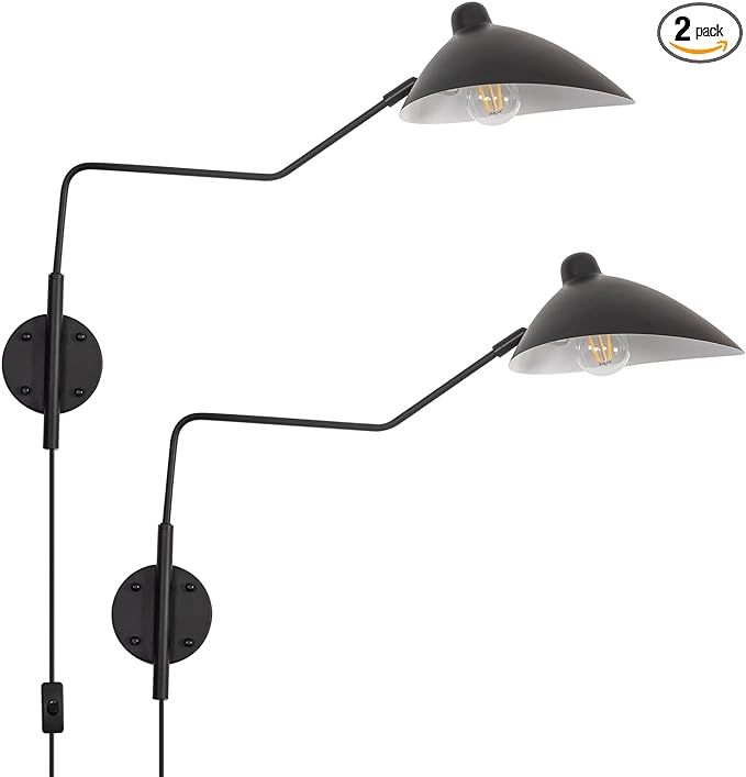 Modern Plug-in Swing Arm Wall Sconce Set of 2, Black Wall Lamp with Plug-in Cord, Rotatable Black... | Amazon (US)