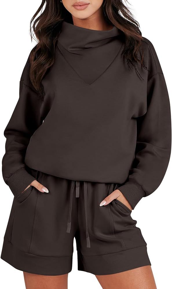 ANRABESS Women 2 Piece Outfits Sweatsuits Cowl Neck Sweatshirts & Lounge Shorts Matching Sweat Se... | Amazon (US)