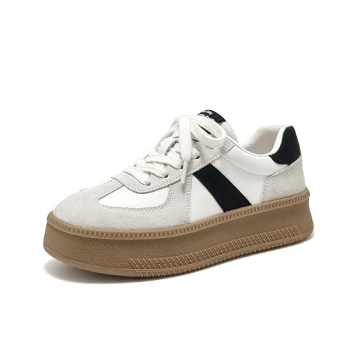 BEAU TODAY Women's Platform Fashion Sneakers, Classic Retro Trainers, Leather Casual Lace Up Skate Shoes, Comfortable Tennis Running Walking Shoes Beige-Black US 9.5 | Amazon (US)