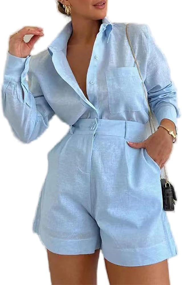 Women's 2 Piece Shirts Outfits Casual Button down Long Sleeve Blouses Tops High Waisted Shorts Se... | Amazon (US)