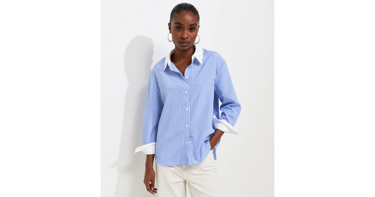 Women's Blue Striped Contrast Collar Long Sleeve Shirt New Look | New Look (UK)
