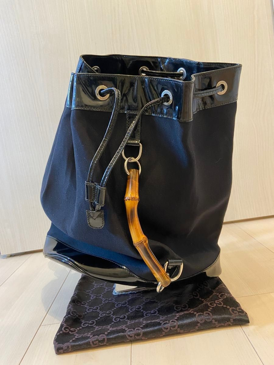 GUCCI Backpack Bamboo Backpack Black Leather Nylon Vintage Drawstring Enamel | eBay US