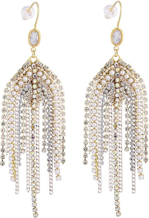 UTTMO Fringe Chandelier Drop Dangle Earrings For Women, Boho Long Handmade Bohemian CZ Crystal Rh... | Amazon (US)