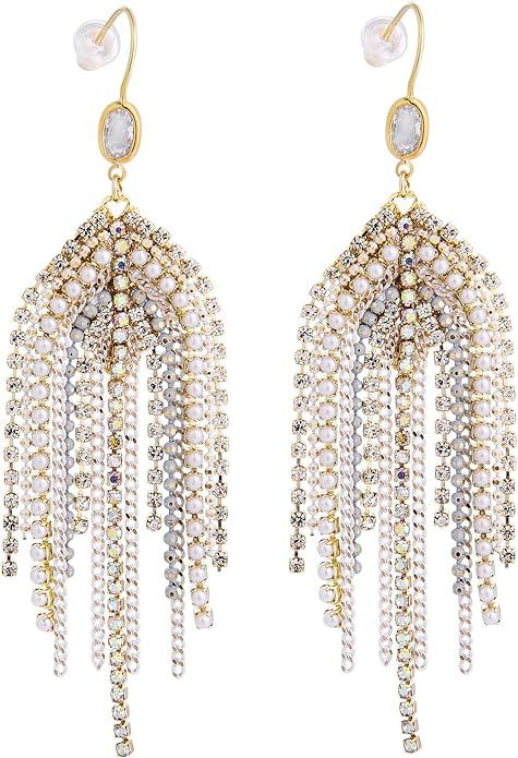 UTTMO Fringe Chandelier Drop Dangle Earrings For Women, Boho Long Handmade Bohemian CZ Crystal Rh... | Amazon (US)