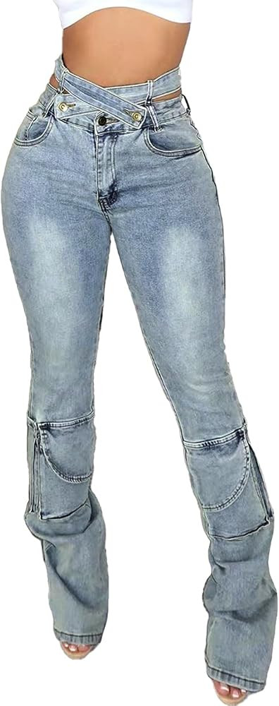 Vakkest Sexy High Waisted Skinny Jeans for Women Bodycon Crossover Stretchy Denim Cargo Pants Str... | Amazon (US)