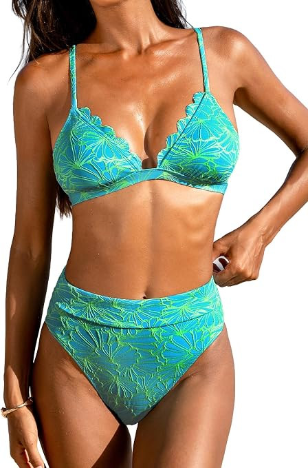 CUPSHE Bikini Set for Women High Waisted Scalloped Two Piece Swimsuit | V Neck,Textured,Crisscros... | Amazon (US)