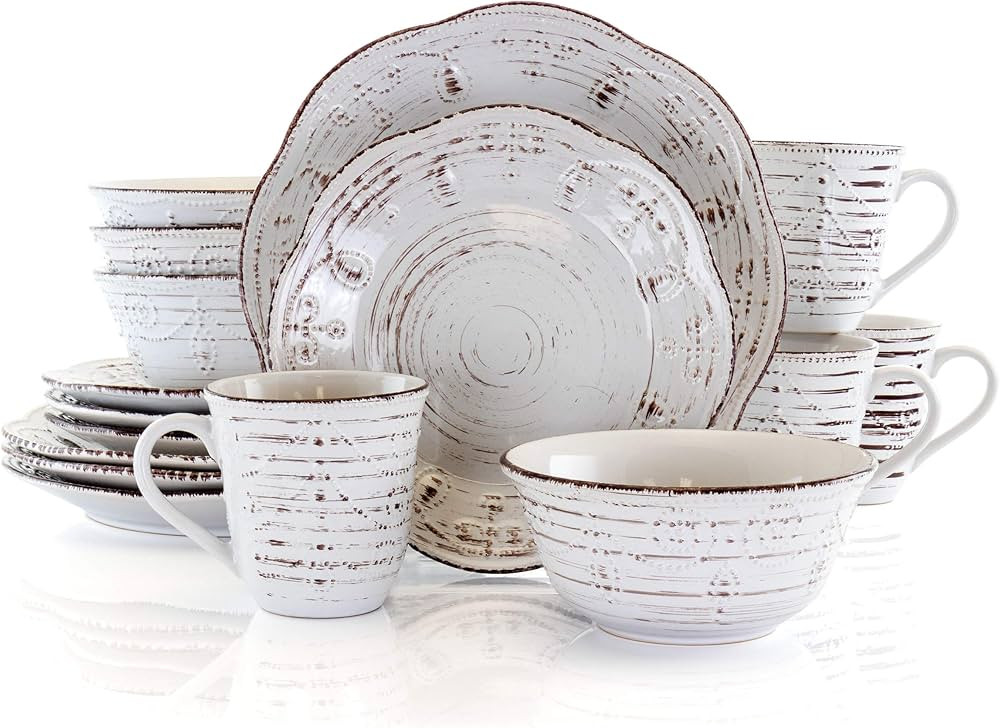 Elama Rustic Birch 16 Piece Embossed Scalloped Stoneware Round Dinnerware Set in White with Brown... | Amazon (US)