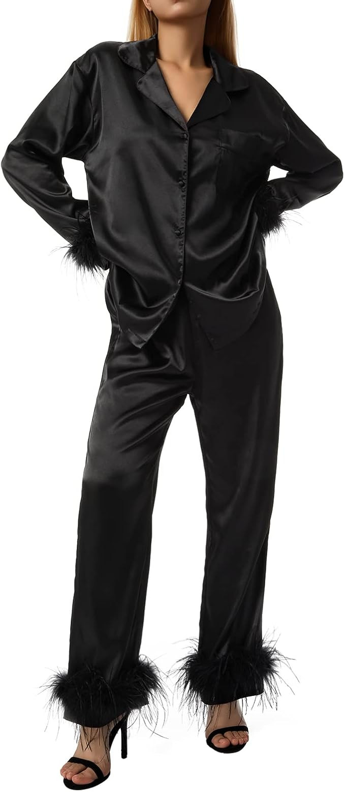 Women's Pajama Sets Feather Decoration Long Sleeve Button-Down Lapel Collar Tops + Pants Pjs Loun... | Amazon (US)