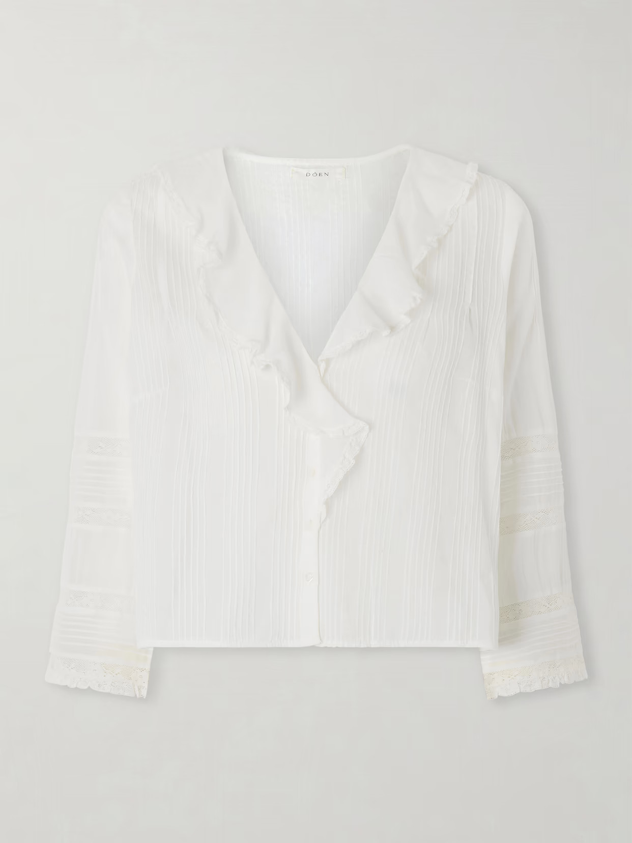 DÔEN - Huguette Ruffled Pleated Lace-trimmed Organic Cotton Blouse - Neutrals | NET-A-PORTER (US)