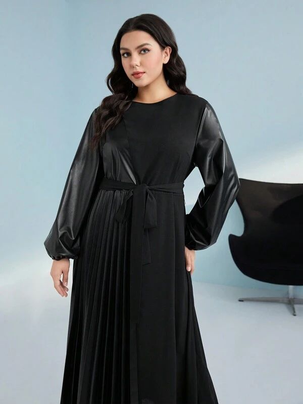 SHEIN Mulvari Plus Lantern Sleeve Belted PU Leather Dress | SHEIN
