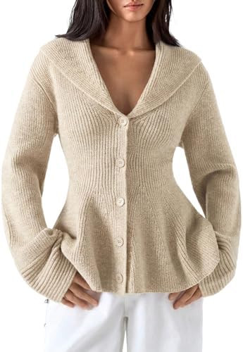 ZAFUL Women's Cardigan Sweater Button Up Open Front Ruffle Hem Long Sleeve Knitted Casual Shawl L... | Amazon (US)