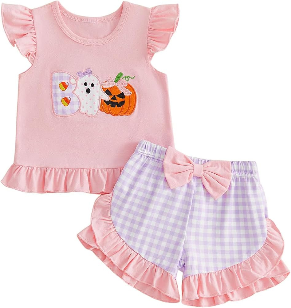 Toddler Baby Girl Halloween Outfit Pumpkin Ghost Shirt Ruffle Shorts Set | Amazon (US)