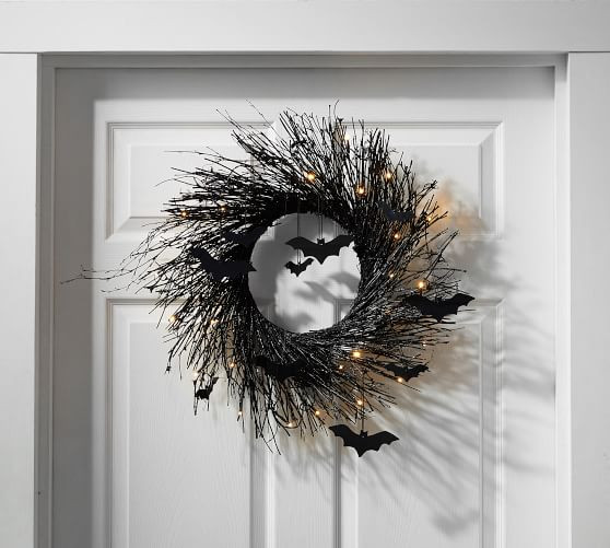Pre-Lit Black Glitter Branch Wreath with Bats | Pottery Barn (US)