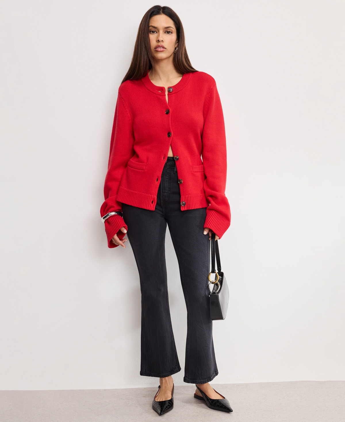Good American Women's Button Front Knit Cardigan Sweater - Chili | Macy's