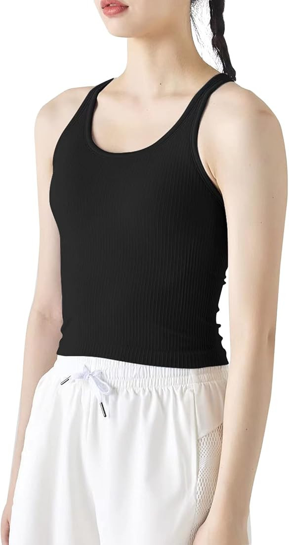 Ribbed Workout Short Racerback Tank Tops for Women with Built in Bra | Amazon (US)