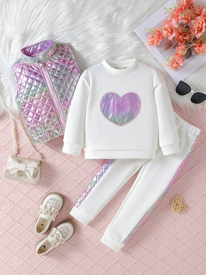 SHEIN Kids HYPEME Young Girl Holographic Vest Quilted Coat & Mock-neck Pullover & Sweatpants | SHEIN