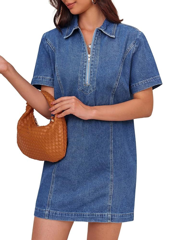 Fisoew Women’s Denim Mini Dress Short Sleeve Summer Casual Half Zip Polo Neck Short Jean Dress | Amazon (US)