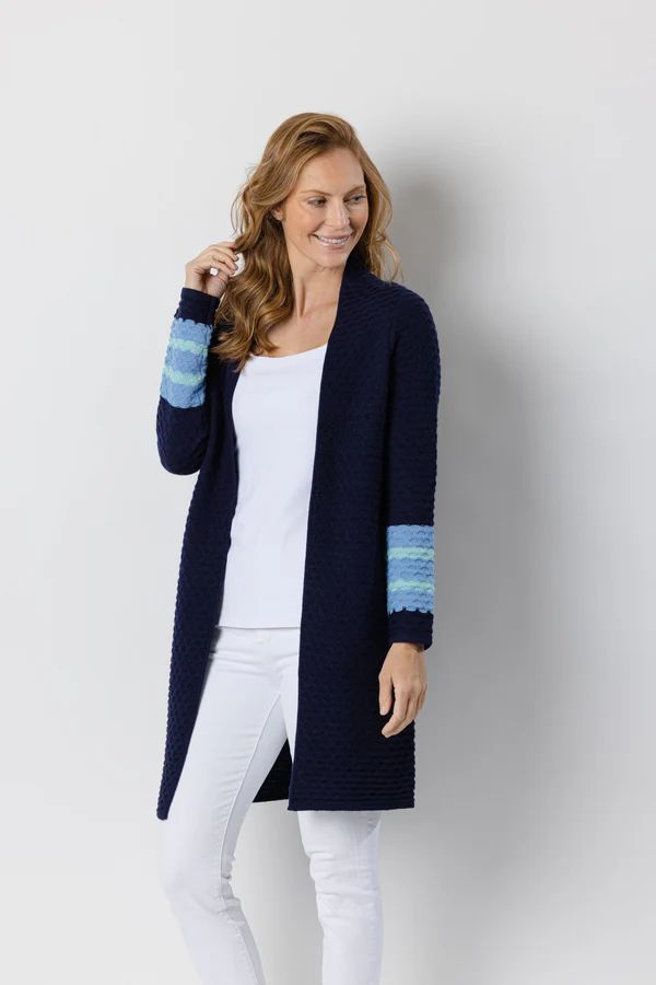 Navy Drape Front Cardigan Sweater with Stripes | Sail to Sable