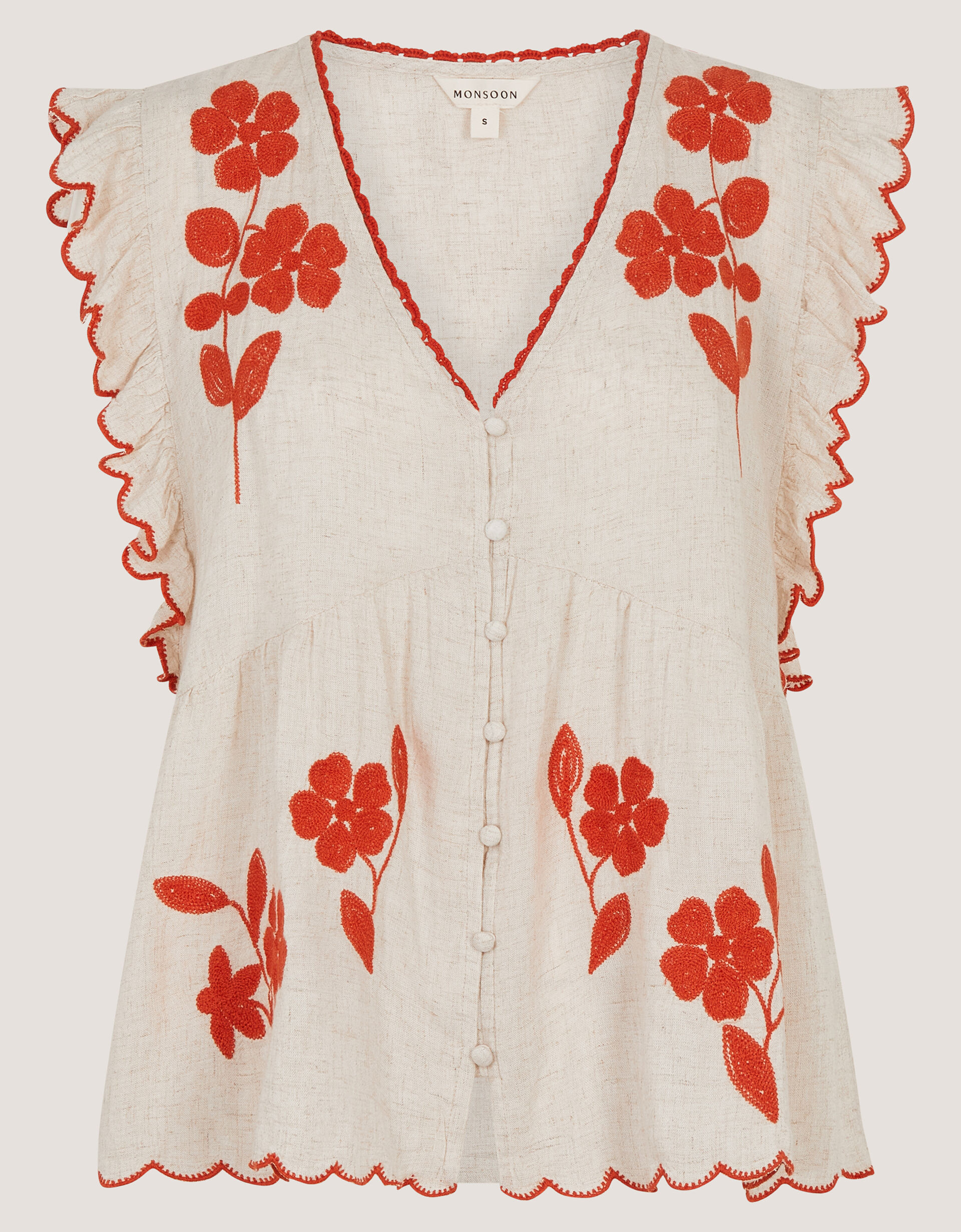Rhea Embroidered Linen Blend Top Natural | Monsoon (UK)