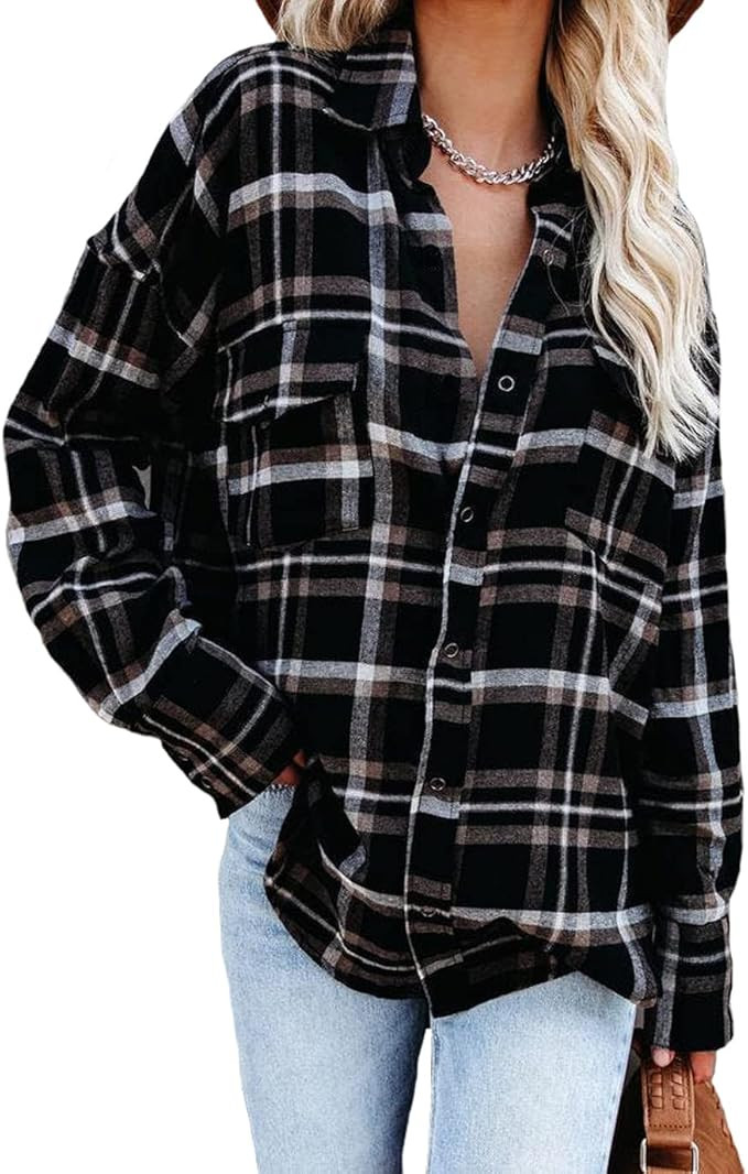 GEOUSLY Womens Casual Flannel Plaid Button Down Shirt Jacket Long Sleeve Collared Shacket Top wit... | Amazon (US)