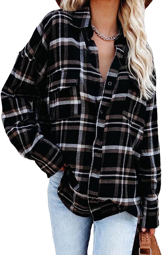 GEOUSLY Womens Casual Flannel Plaid Button Down Shirt Jacket Long Sleeve Collared Shacket Top wit... | Amazon (US)