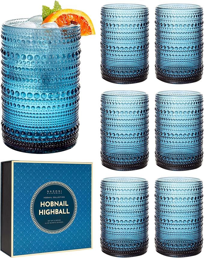 NASONI GLASSWARE 14 oz Hobnail Highball Glasses Set of 6 (Indigo) - Embossed Beaded Tumbler Vinta... | Amazon (US)