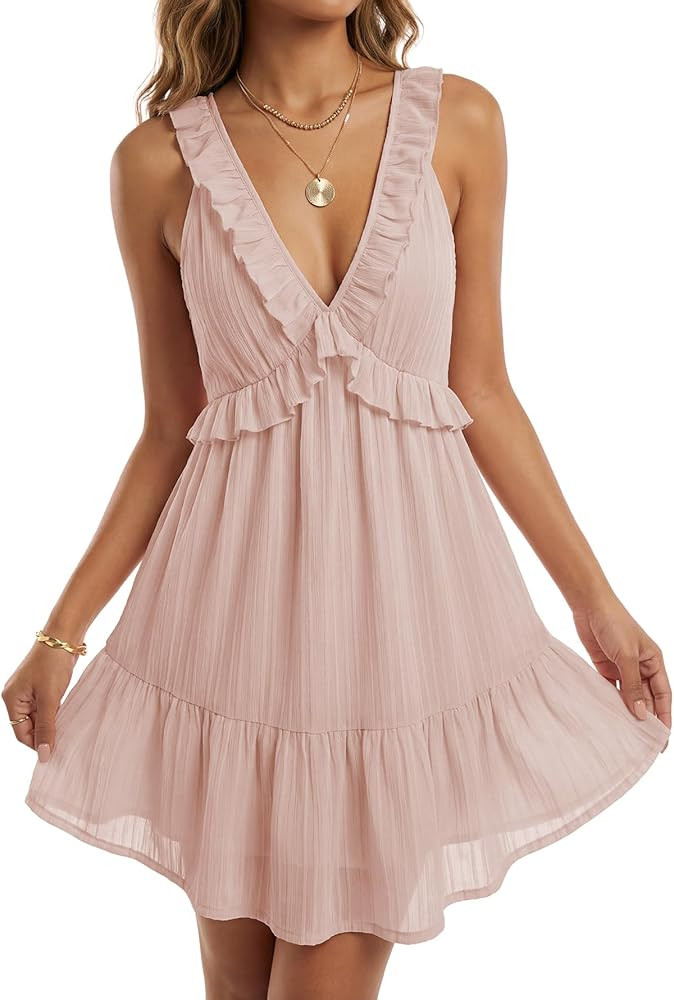 Rooscier Women's Ruffle Sleeveless Backless V Neck Tie Back A Line Sexy Mini Dress | Amazon (US)