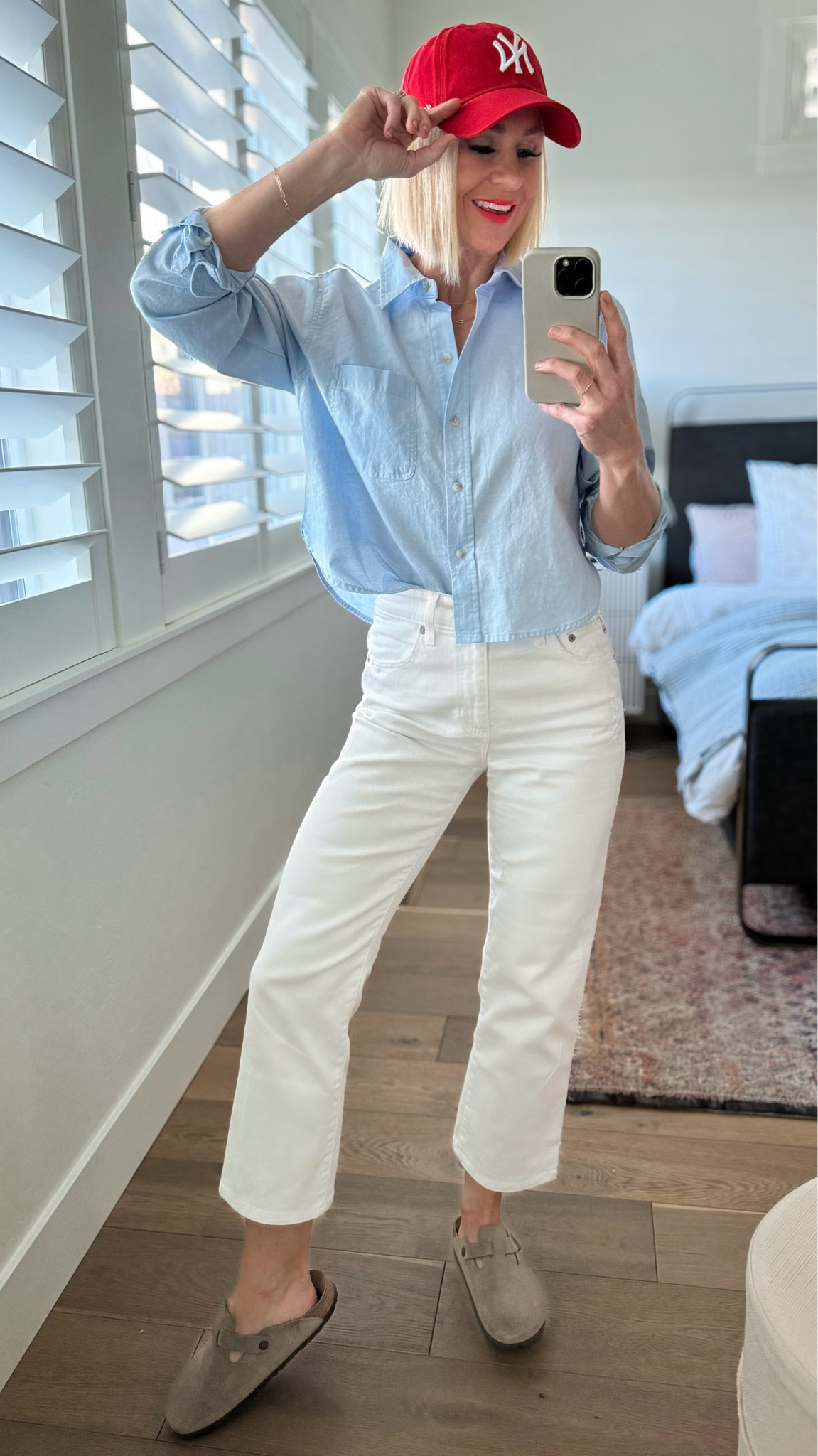Classic always works! 
This mid length cotton-linen shirt is so cute! More colors! Fave white jeans, ❤️ NY hat + birks. Great mix n match pieces .
Sizing ~ 
Top: tts-> fits a little big, wearing a medium. A small could’ve worked too!
Jeans: size up in white jeans ALWAYS! (Tight white isn’t cute!)😉
👄 true coral, Redd liner 

#LTKover40 #LTKfindsunder50 #LTKSeasonal
