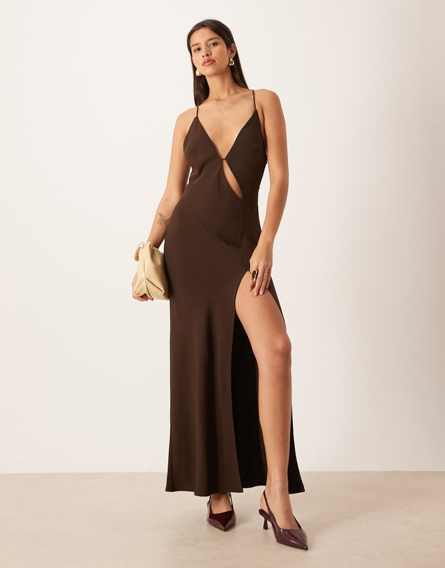 ASOS DESIGN cutout detail high split maxi dress in chocolate-Brown | ASOS (Global)