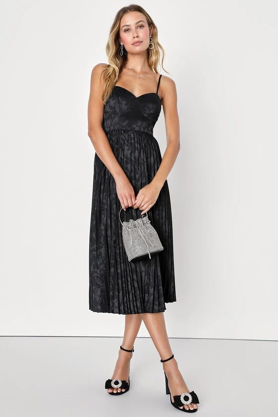 Chic Sensibility Black Satin Jacquard Pleated Midi Dress | Lulus (US)