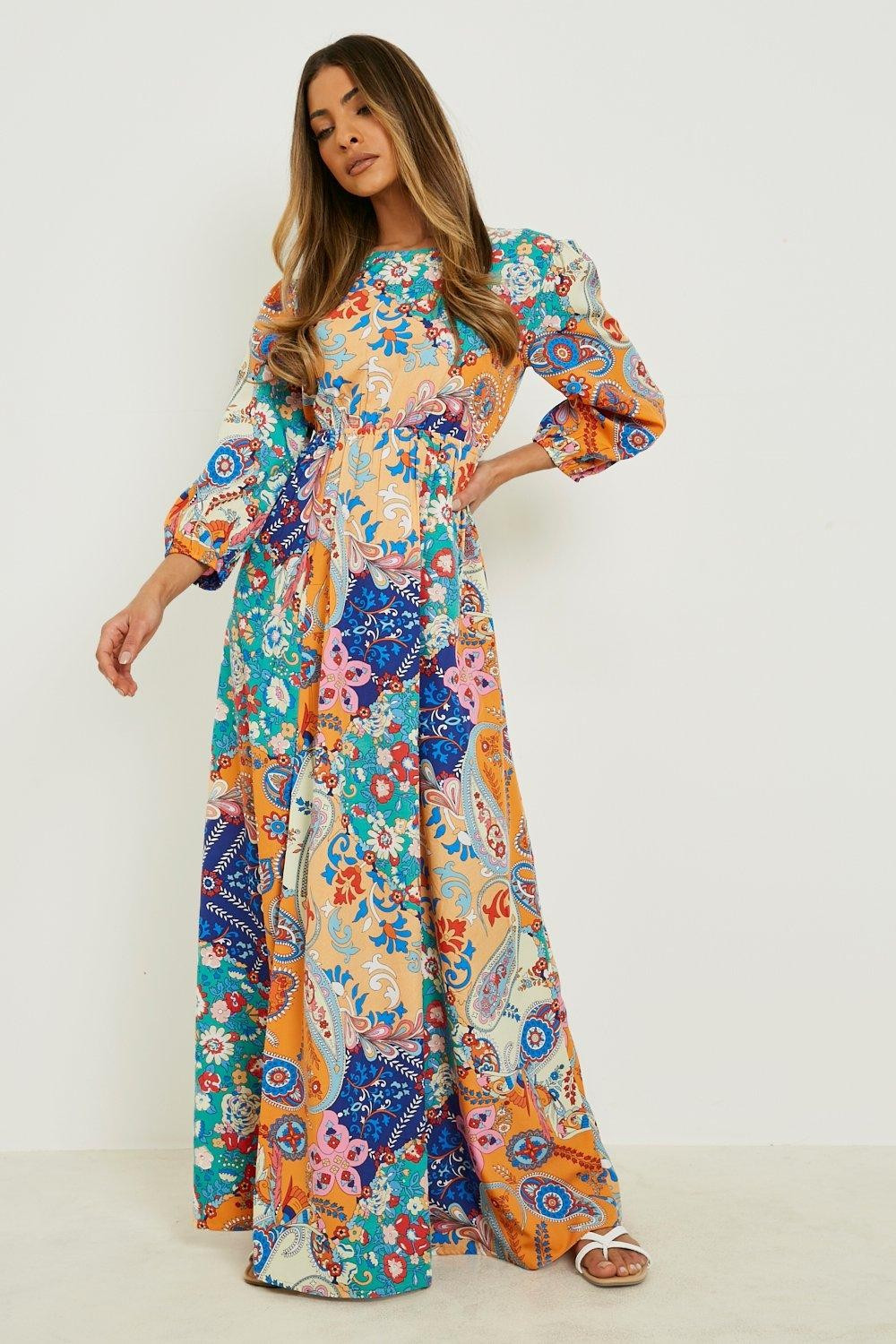Mixed Print Open Back Maxi Dress | Boohoo.com (US & CA)