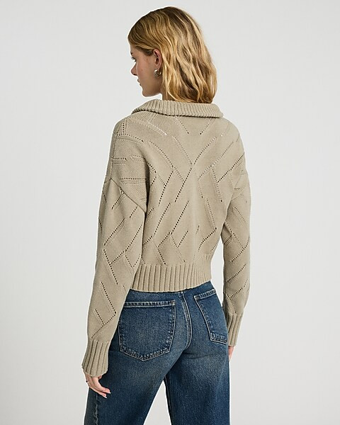 Open Knit Quarter Zip Cropped Sweater | Express