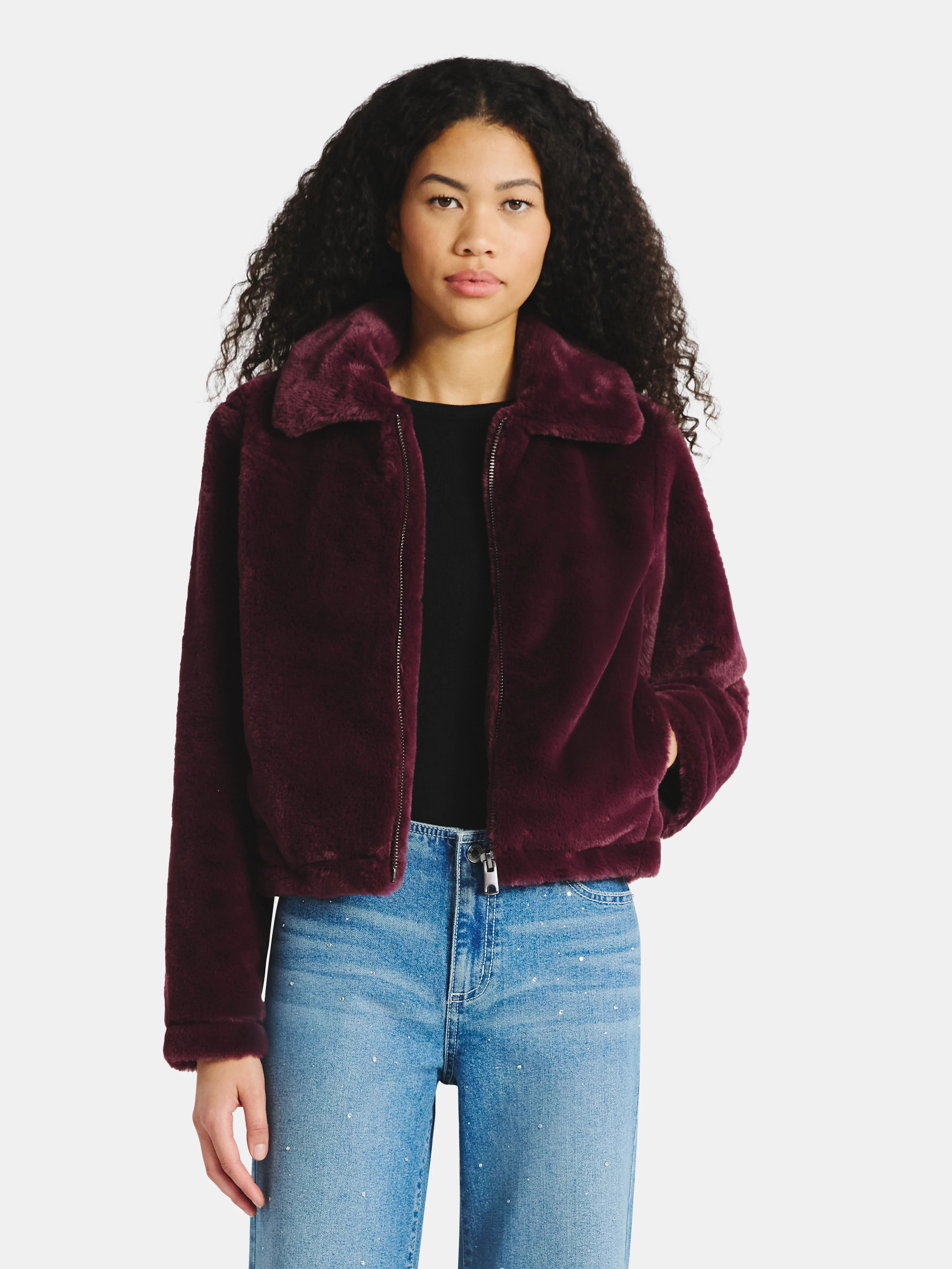 No Boundaries Faux Fur Jacket, Women's | Walmart (US)