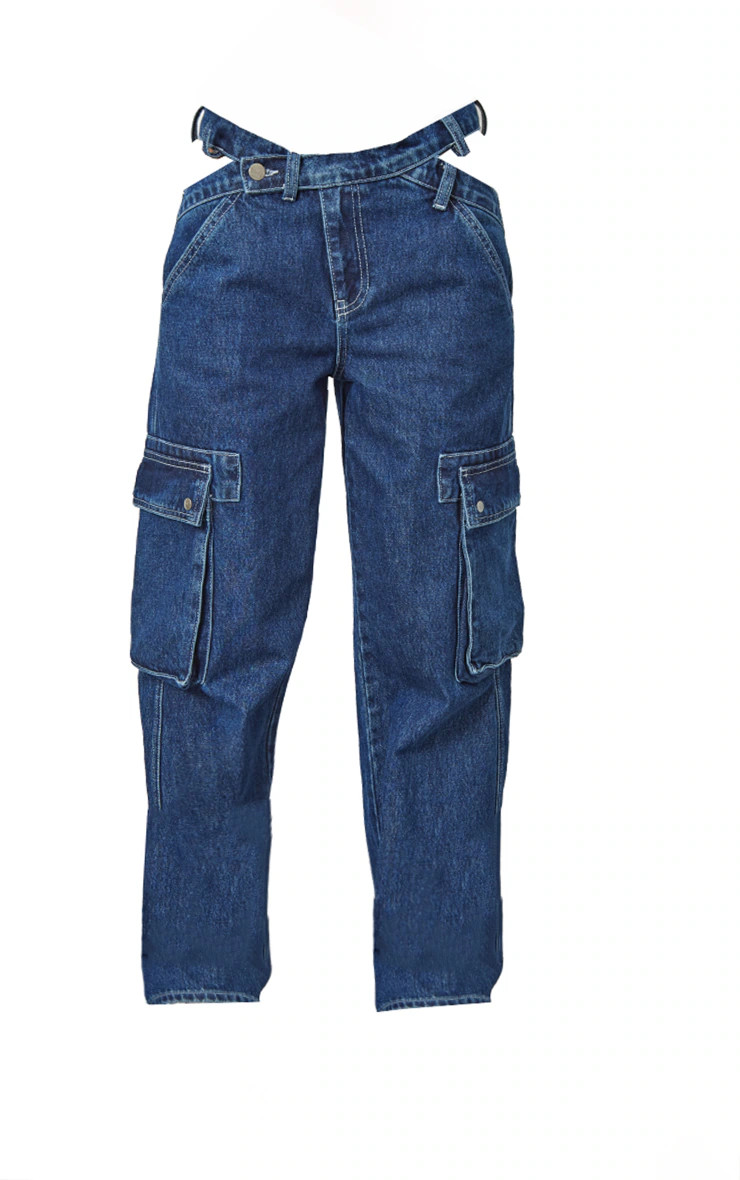 Dark Blue Wash Cut Out Asymmetric Waistband Cargo Jeans | Pretty Little Thing (Australia & New Zealand)