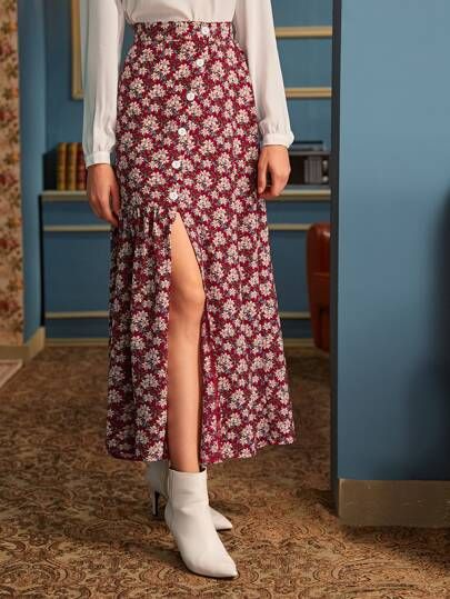 Ditsy Floral Oblique Button Split Skirt | SHEIN