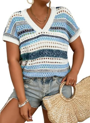 Eytino Plus Size Tops for Women Striped V Neck Short Sleeve Hollow Out Crochet Knit Sweater 2026 ... | Amazon (US)