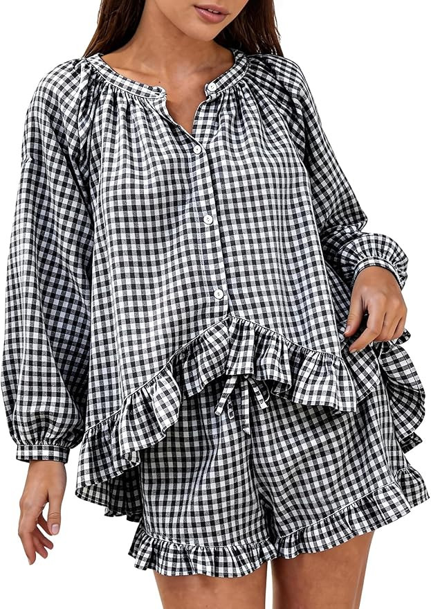 COZYPOIN Womens 2 Piece Gingham Pajama Set Y2K Plaid Cotton Long Sleeve Button Down Shirt and Ruf... | Amazon (US)