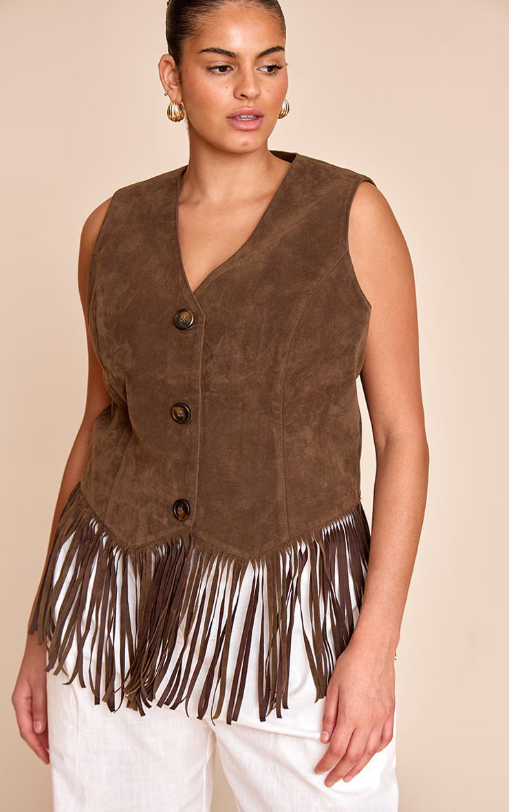 Plus Light Brown Faxu Suede Tassel Waistcoat | PrettyLittleThing UK