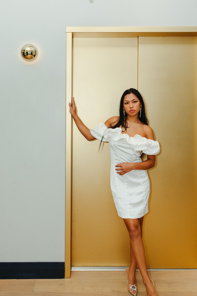 Arielle Ruffle Shoulder Mini Dress | Confête