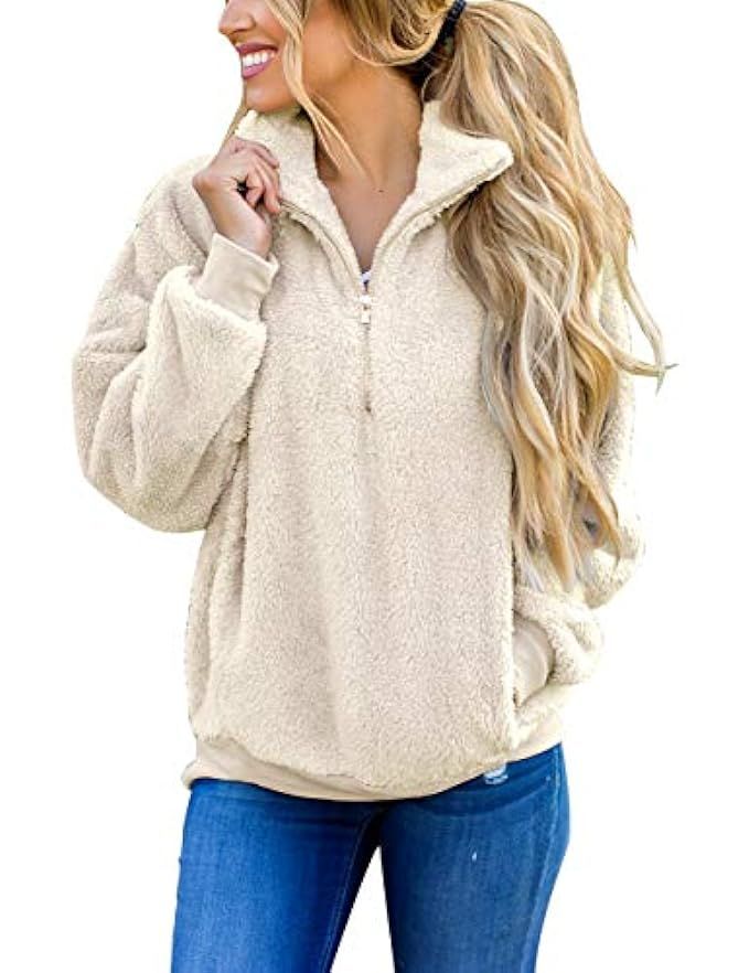 MEROKEETY Women's Long Sleeve Contrast Color Zipper Sherpa Pile Pullover Tops Fleece with Pocket | Amazon (US)